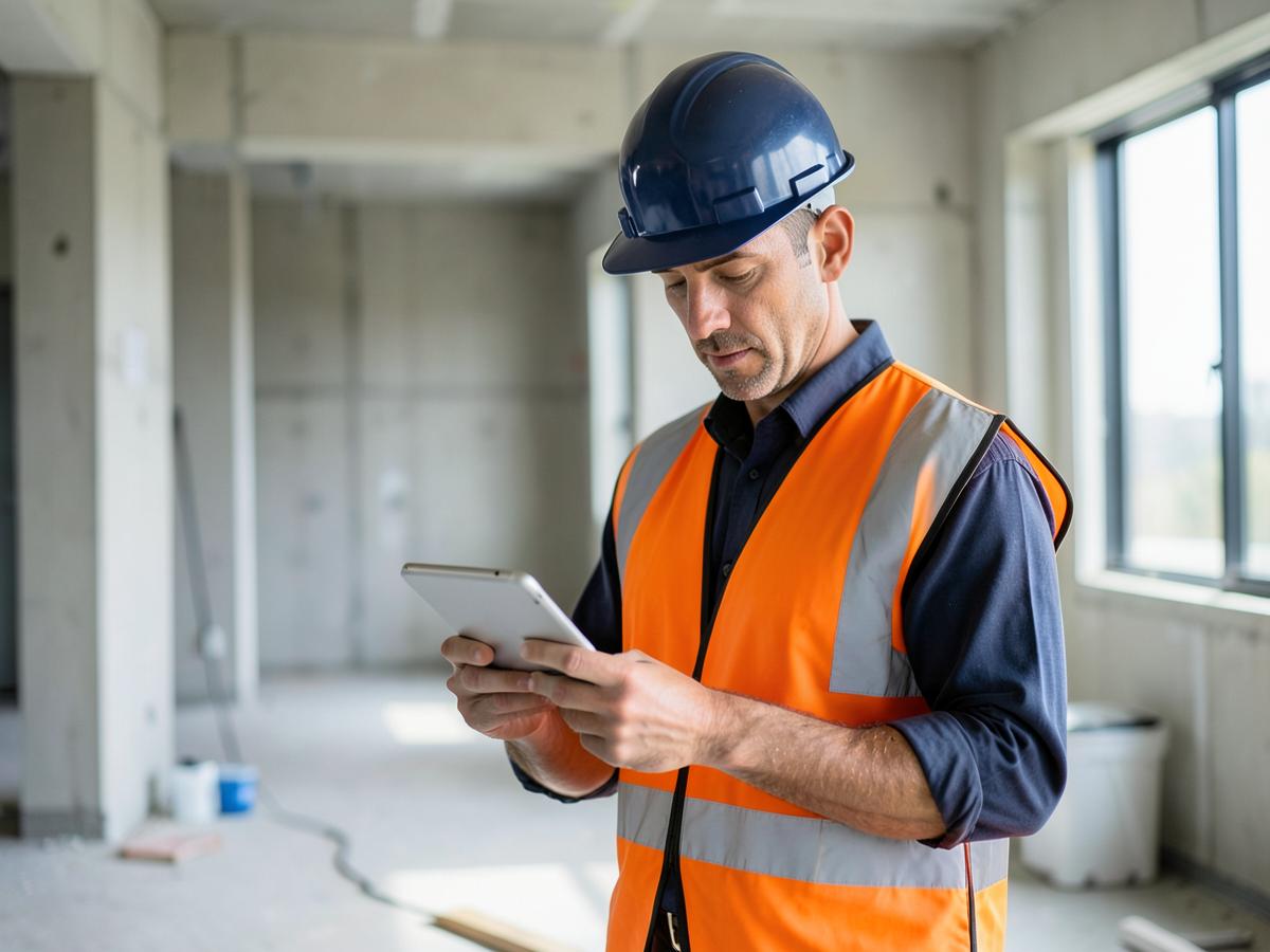 Superintendent completing a daily log on a tablet inside a commercial build-out
